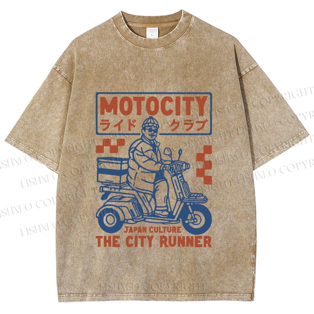 Unisex Japanese Motorcycle Graffiti Printed Washed Tee