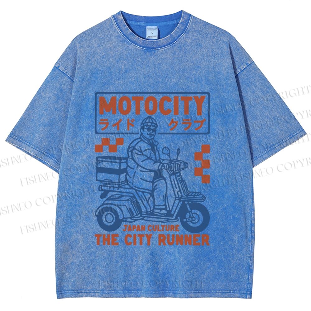 Unisex Japanese Motorcycle Graffiti Printed Washed Tee