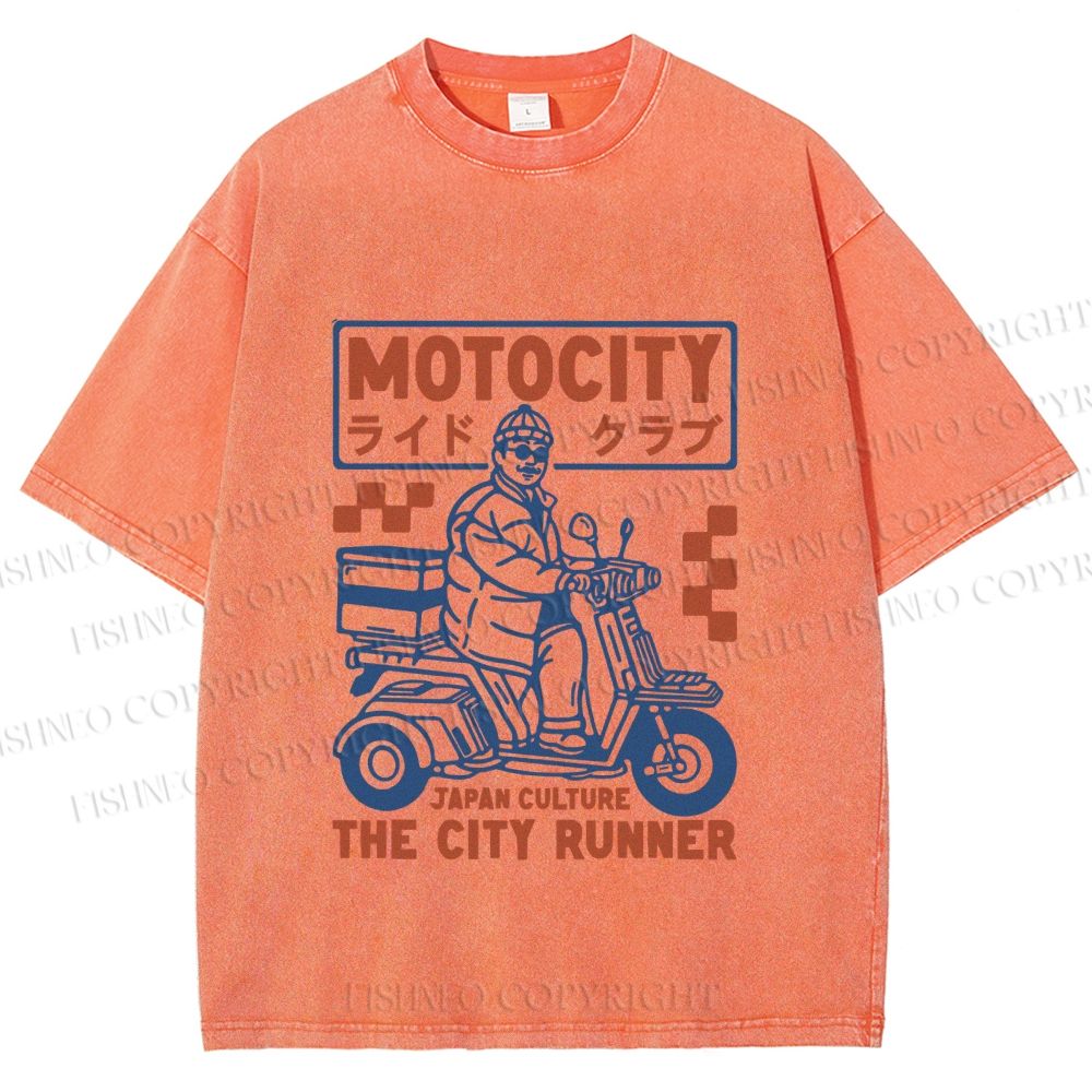 Unisex Japanese Motorcycle Graffiti Printed Washed Tee