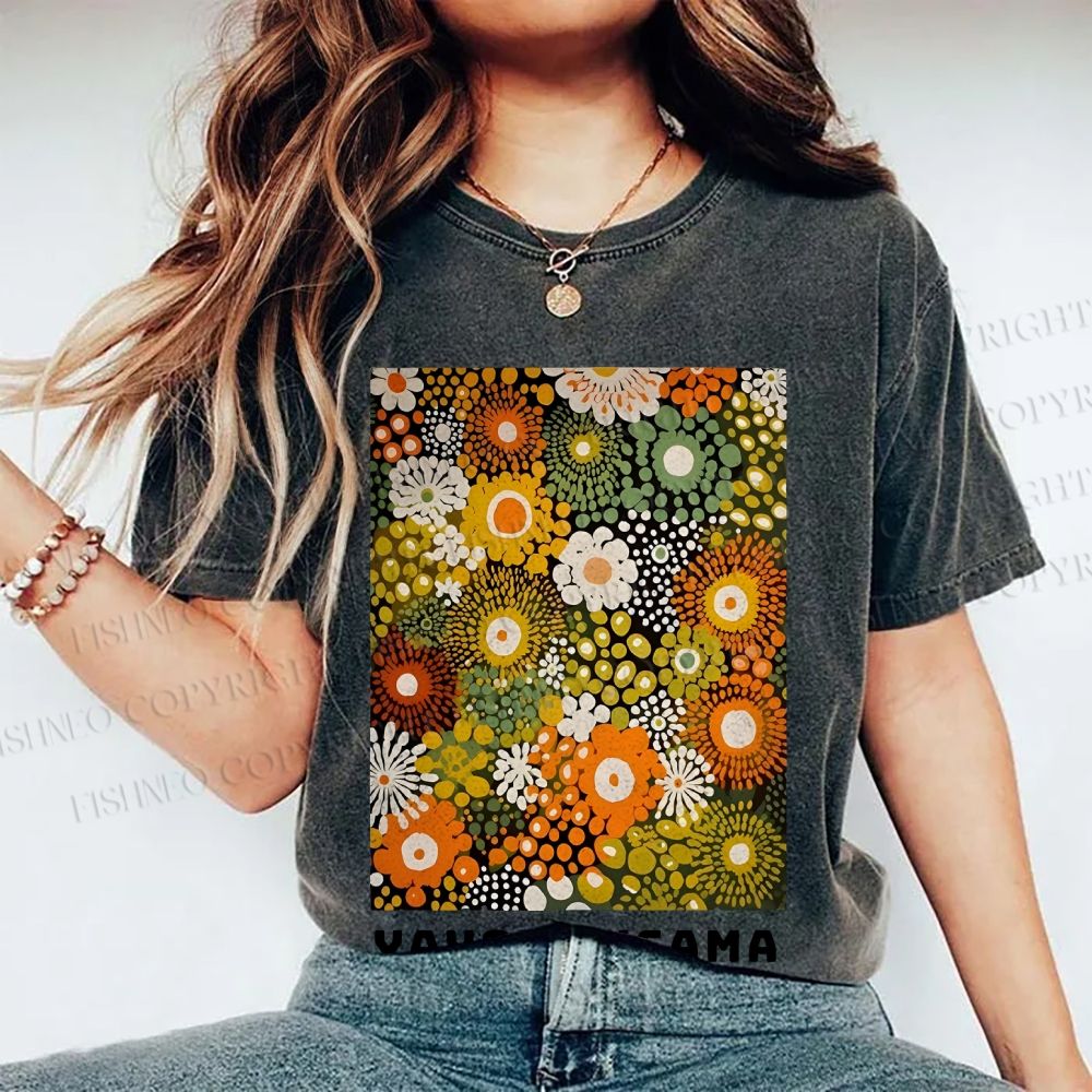 Unisex Japanese Yayoi Kusama Flowers Printed Washed Tee