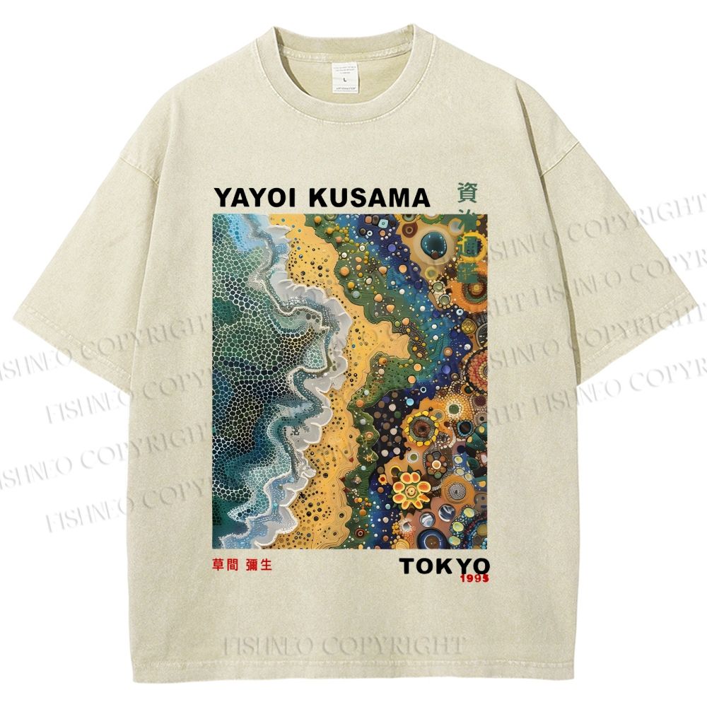Unisex Japanese Yayoi Kusama Flowers Beach Printed Washed Tee