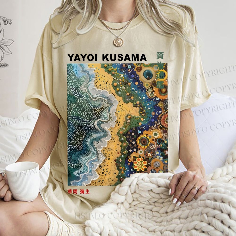 Unisex Japanese Yayoi Kusama Flowers Beach Printed Washed Tee