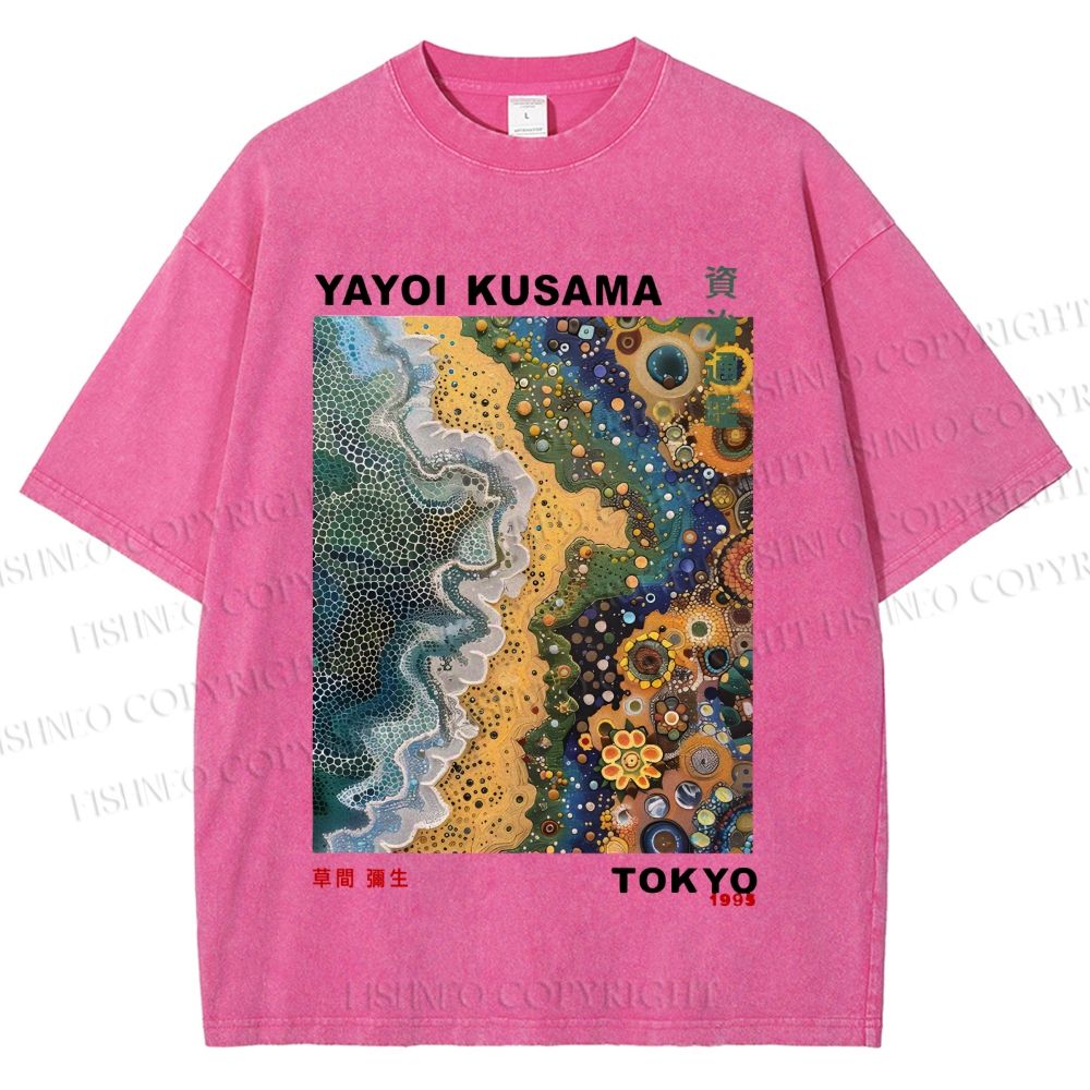 Unisex Japanese Yayoi Kusama Flowers Beach Printed Washed Tee