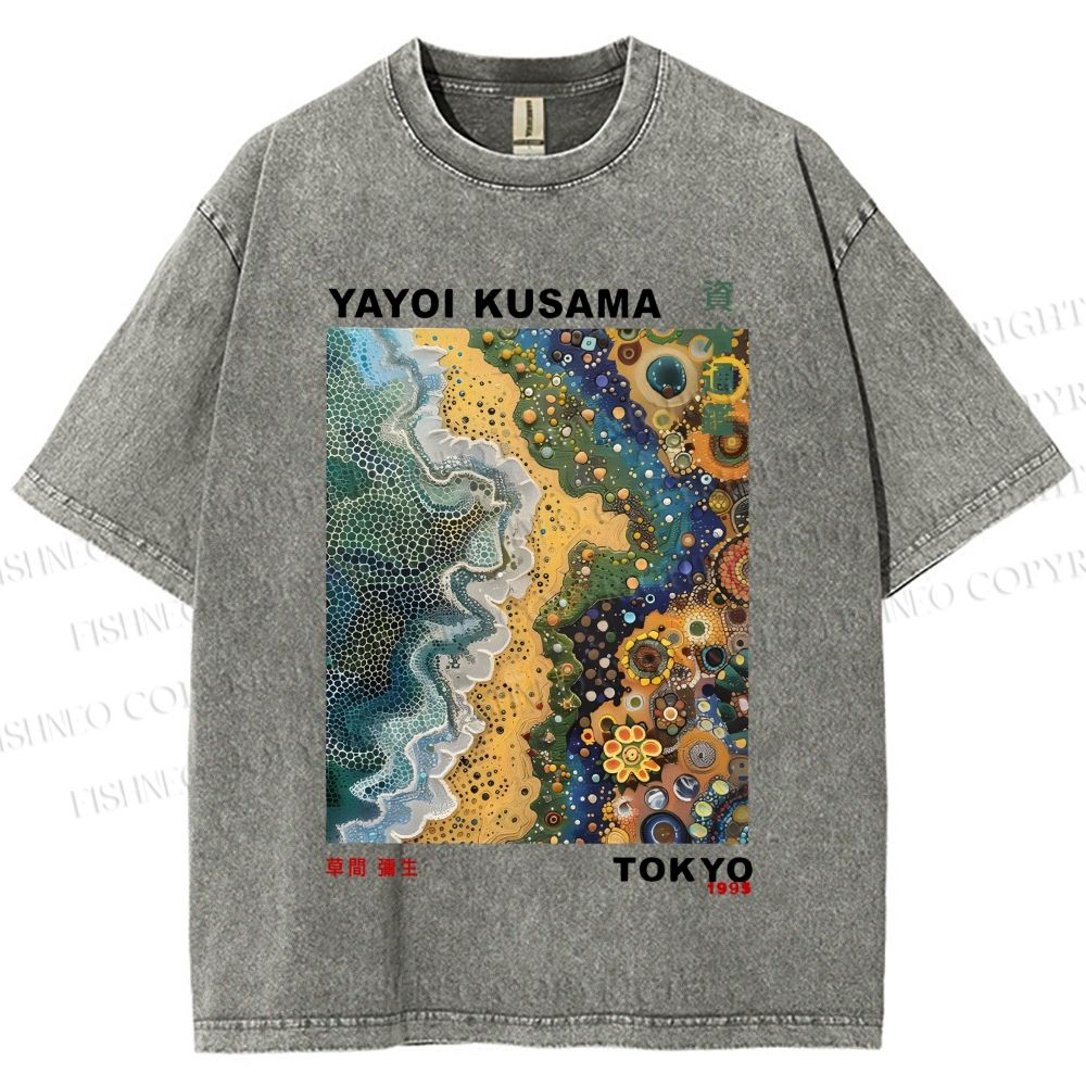 Unisex Japanese Yayoi Kusama Flowers Beach Printed Washed Tee