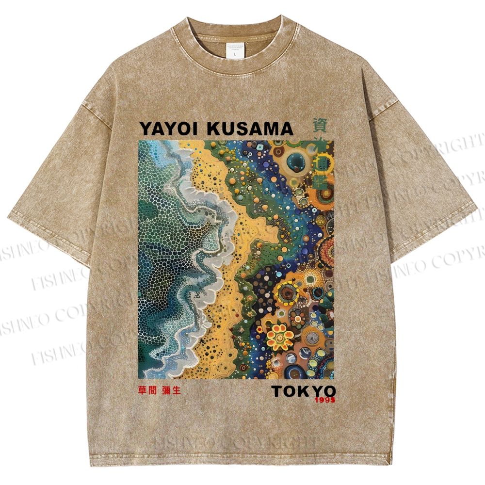 Unisex Japanese Yayoi Kusama Flowers Beach Printed Washed Tee