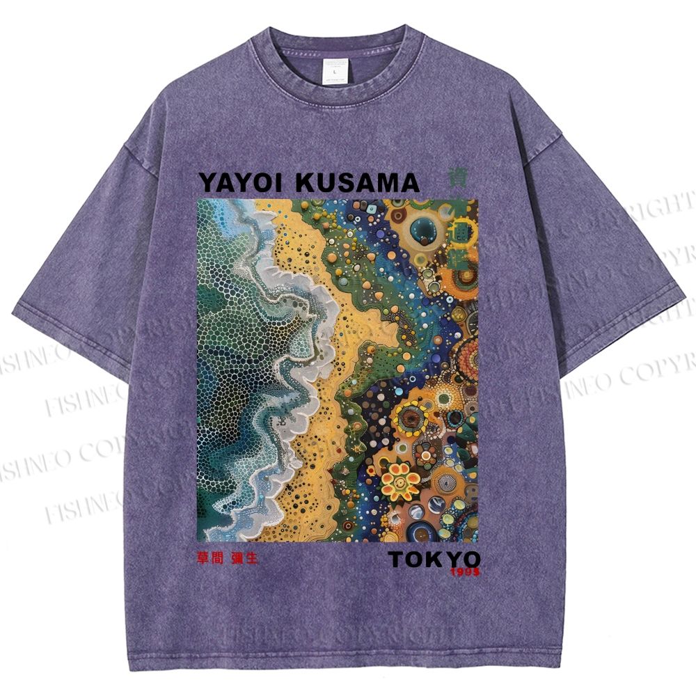 Unisex Japanese Yayoi Kusama Flowers Beach Printed Washed Tee