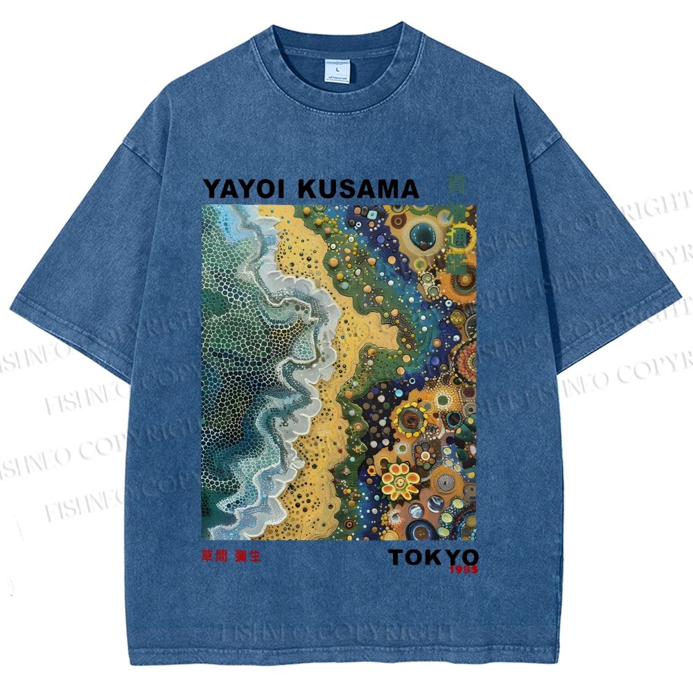 Unisex Japanese Yayoi Kusama Flowers Beach Printed Washed Tee