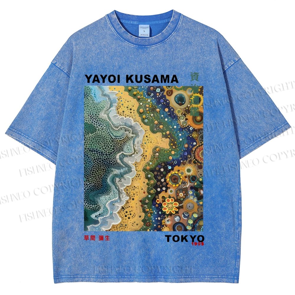 Unisex Japanese Yayoi Kusama Flowers Beach Printed Washed Tee