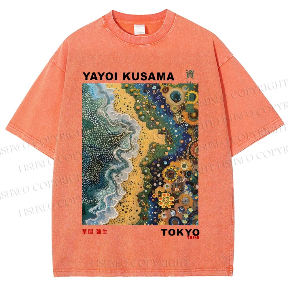 Unisex Japanese Yayoi Kusama Flowers Beach Printed Washed Tee