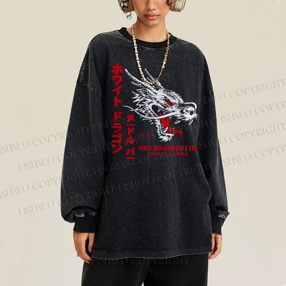Unisex Casual Washed Dragon Printed Long Sleeve T-shirt