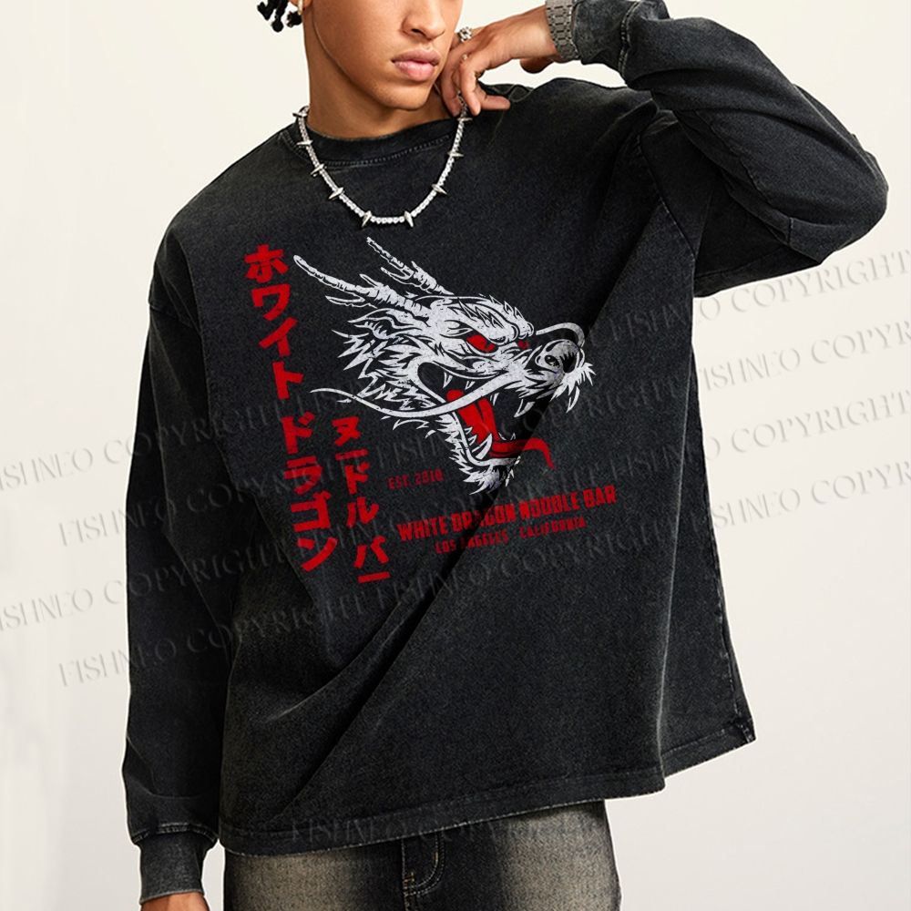 Unisex Casual Washed Dragon Printed Long Sleeve T-shirt