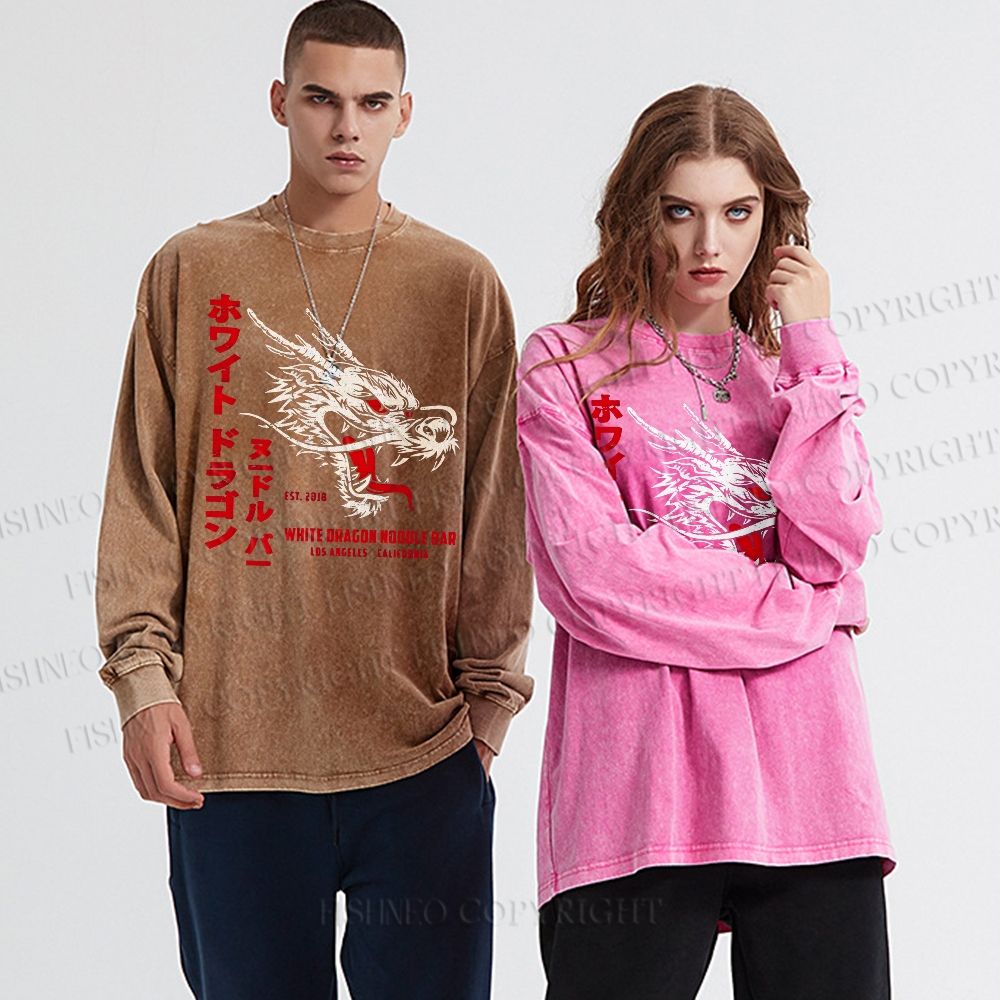 Unisex Casual Washed Dragon Printed Long Sleeve T-shirt