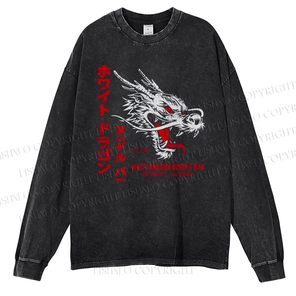 Unisex Casual Washed Dragon Printed Long Sleeve T-shirt