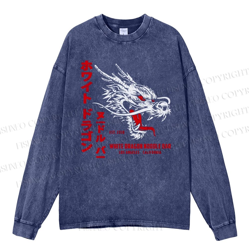 Unisex Casual Washed Dragon Printed Long Sleeve T-shirt