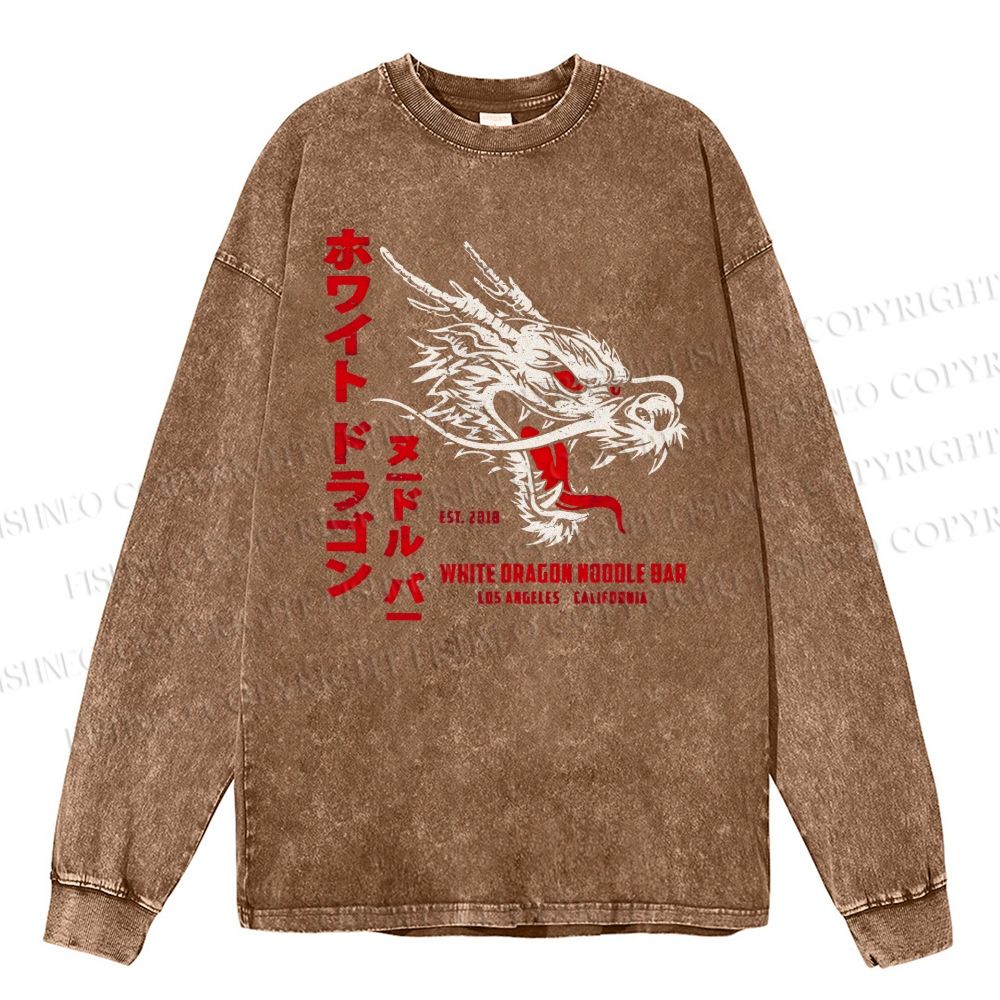 Unisex Casual Washed Dragon Printed Long Sleeve T-shirt