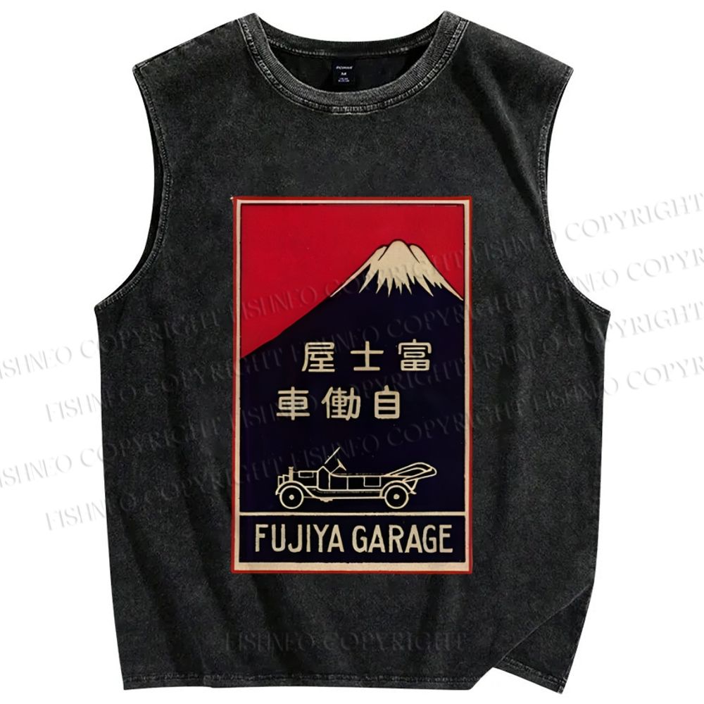 Unisex Vintage Mount Fuji Printed Washed Tank Top