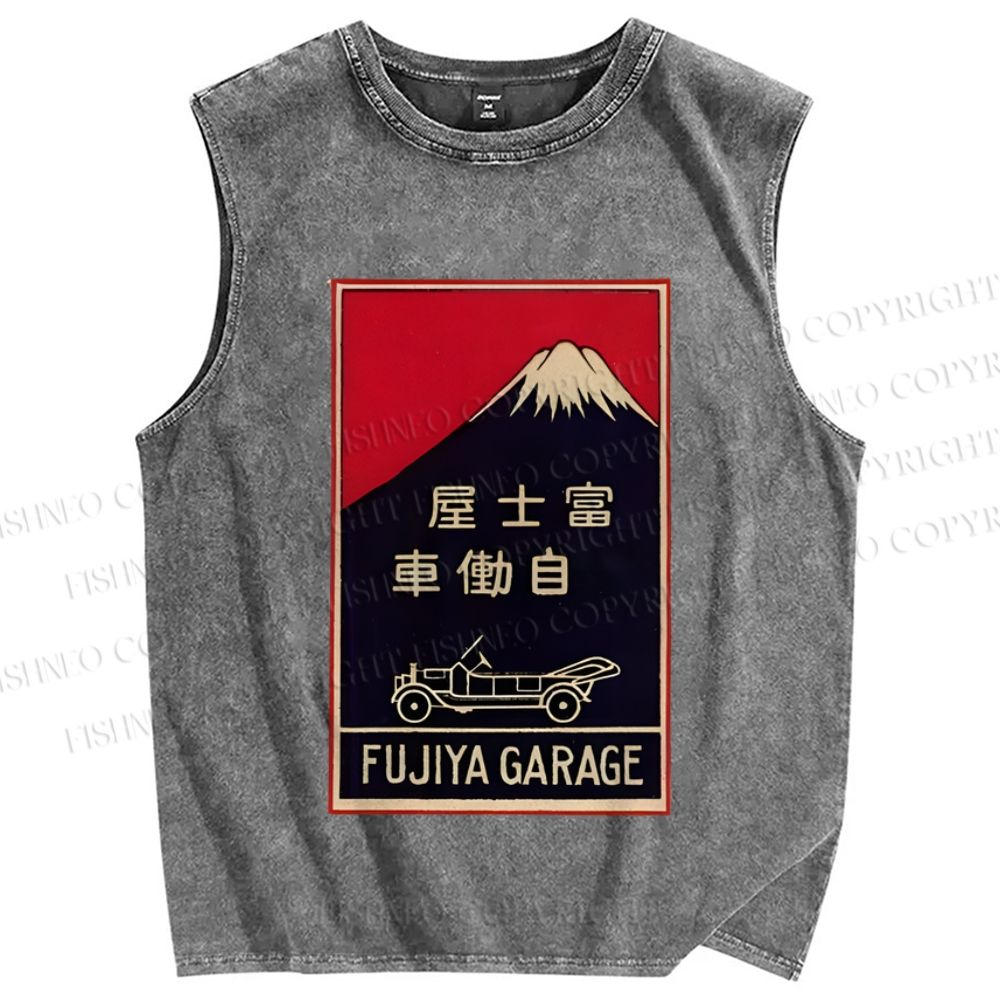 Unisex Vintage Mount Fuji Printed Washed Tank Top