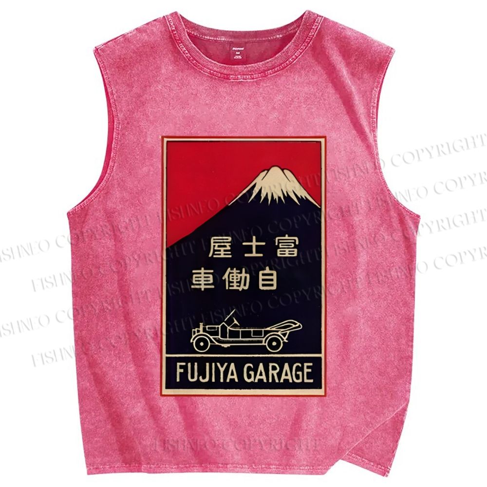 Unisex Vintage Mount Fuji Printed Washed Tank Top