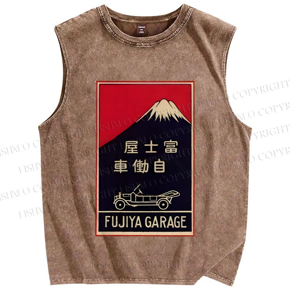 Unisex Vintage Mount Fuji Printed Washed Tank Top