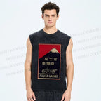 Unisex Vintage Mount Fuji Printed Washed Tank Top