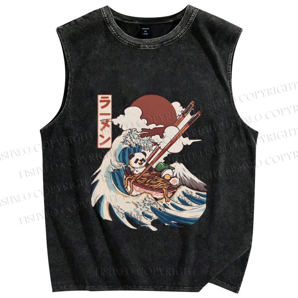 Unisex Vintage Japanese Wave Panda Printed Washed Tank Top