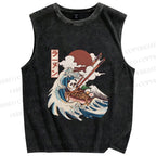 Unisex Vintage Japanese Wave Panda Printed Washed Tank Top