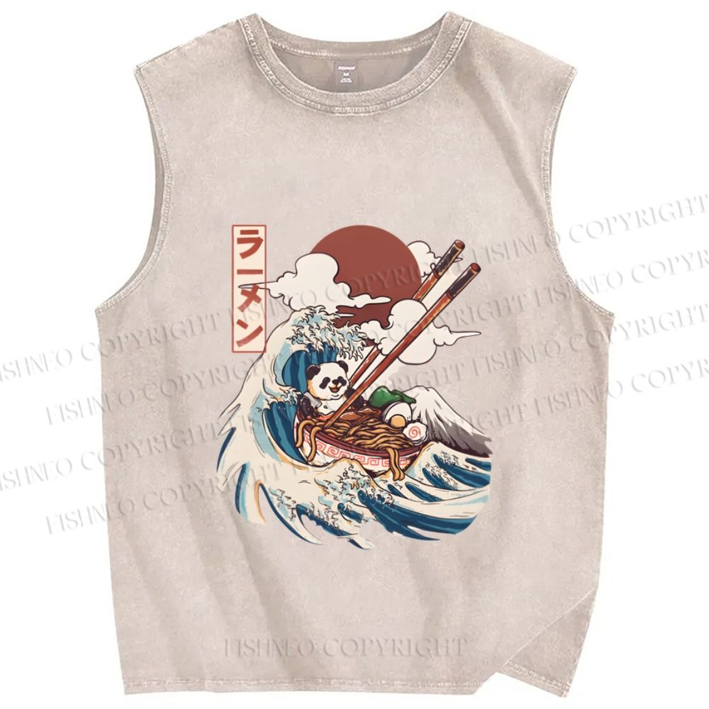 Unisex Vintage Japanese Wave Panda Printed Washed Tank Top