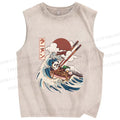 Unisex Vintage Japanese Wave Panda Printed Washed Tank Top