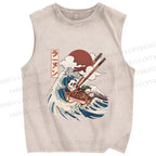 Unisex Vintage Japanese Wave Panda Printed Washed Tank Top
