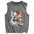 Unisex Vintage Japanese Wave Panda Printed Washed Tank Top