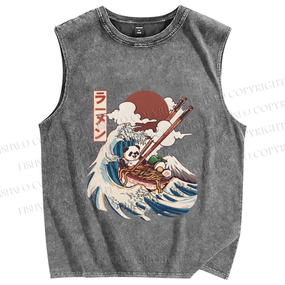 Unisex Vintage Japanese Wave Panda Printed Washed Tank Top
