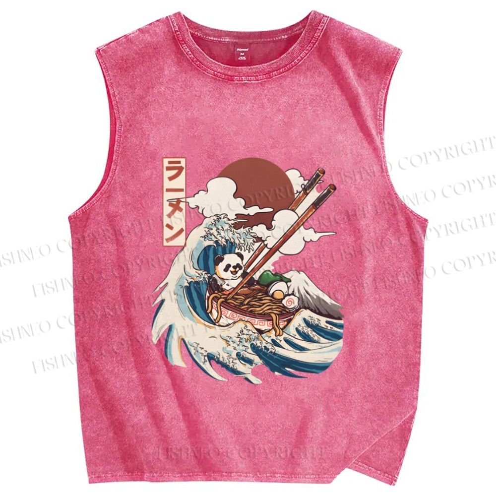 Unisex Vintage Japanese Wave Panda Printed Washed Tank Top