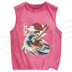Unisex Vintage Japanese Wave Panda Printed Washed Tank Top