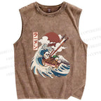 Unisex Vintage Japanese Wave Panda Printed Washed Tank Top