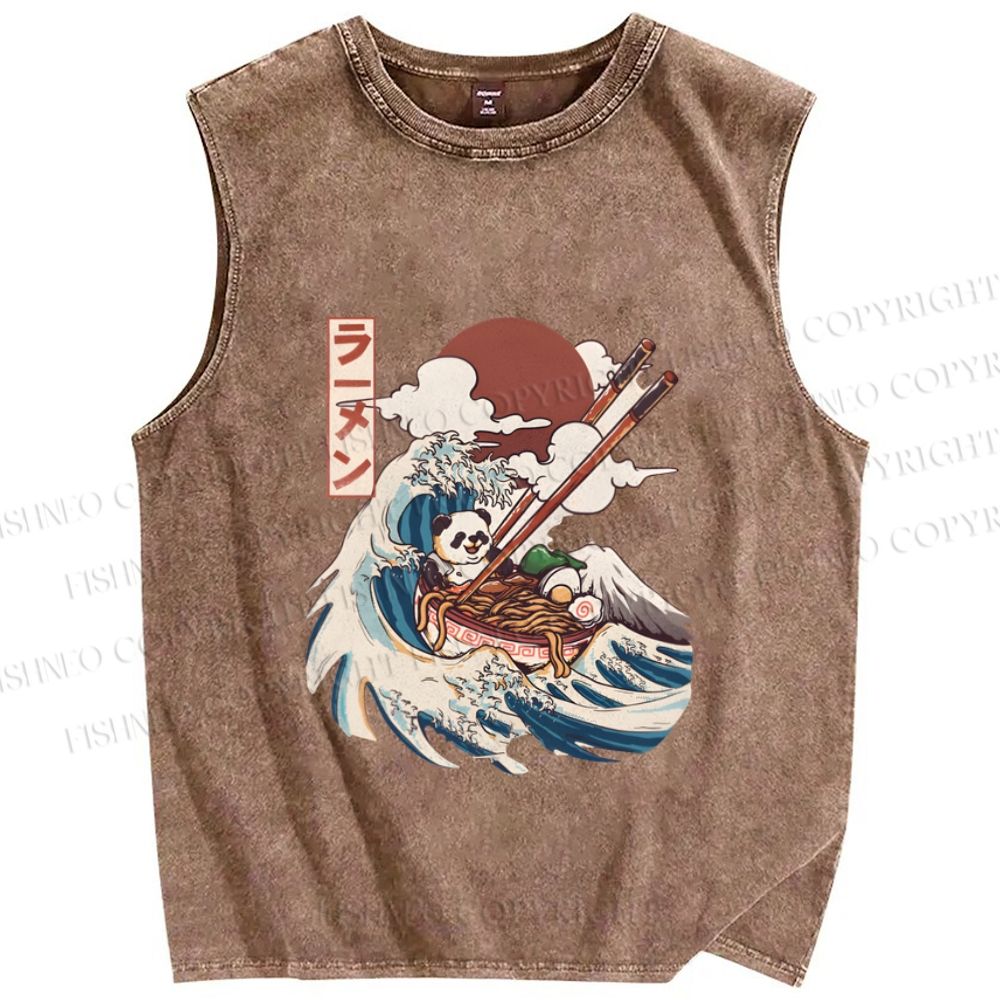 Unisex Vintage Japanese Wave Panda Printed Washed Tank Top