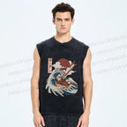 Unisex Vintage Japanese Wave Panda Printed Washed Tank Top