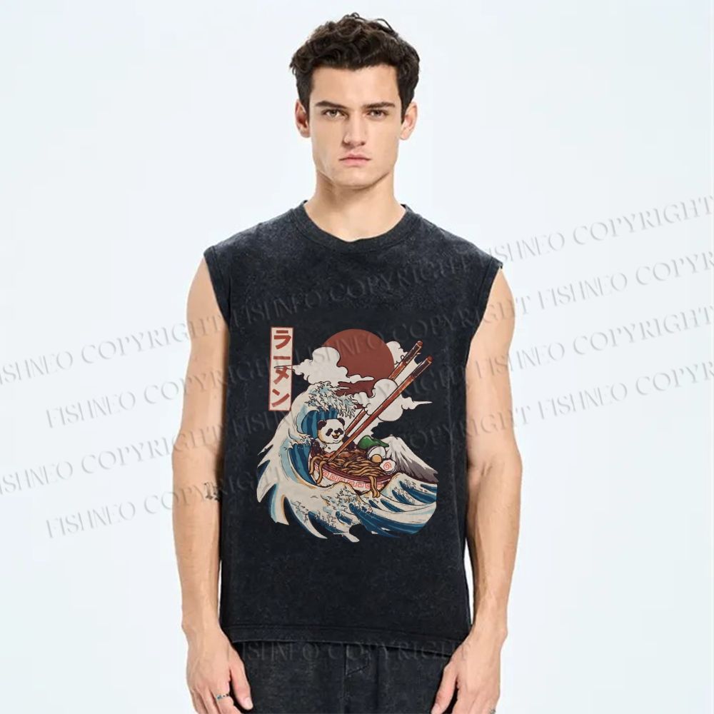 Unisex Vintage Japanese Wave Panda Printed Washed Tank Top