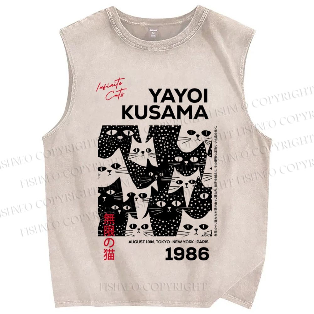 Unisex Japanese Yayoi Kusama Cat Printed Washed Tank Top