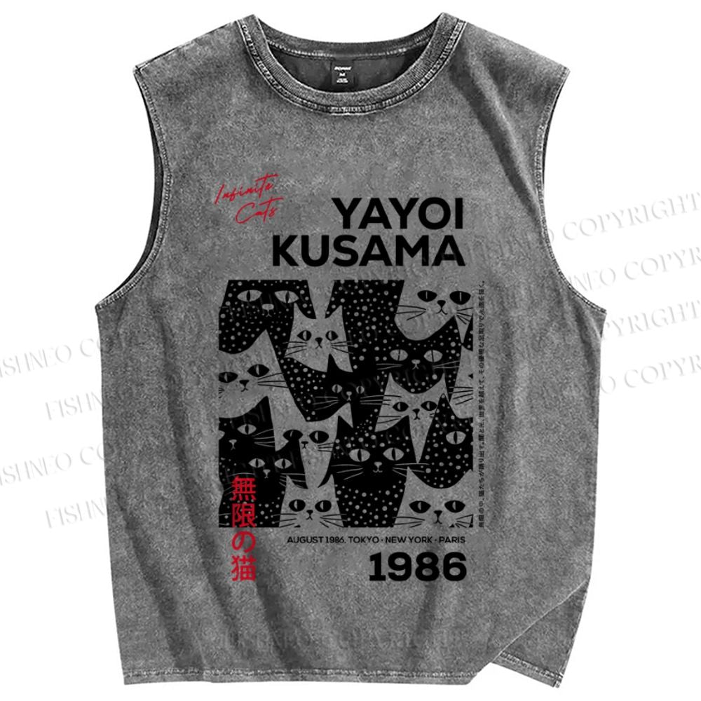 Unisex Japanese Yayoi Kusama Cat Printed Washed Tank Top