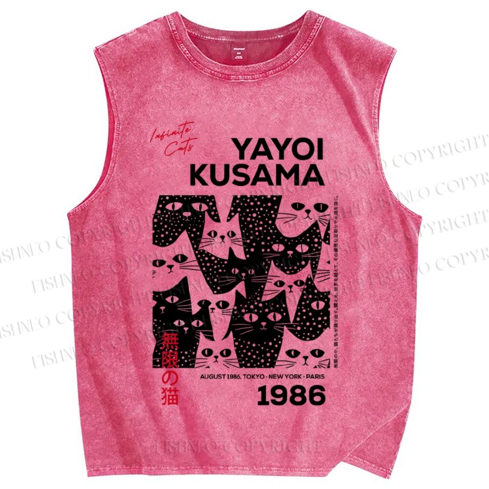 Unisex Japanese Yayoi Kusama Cat Printed Washed Tank Top