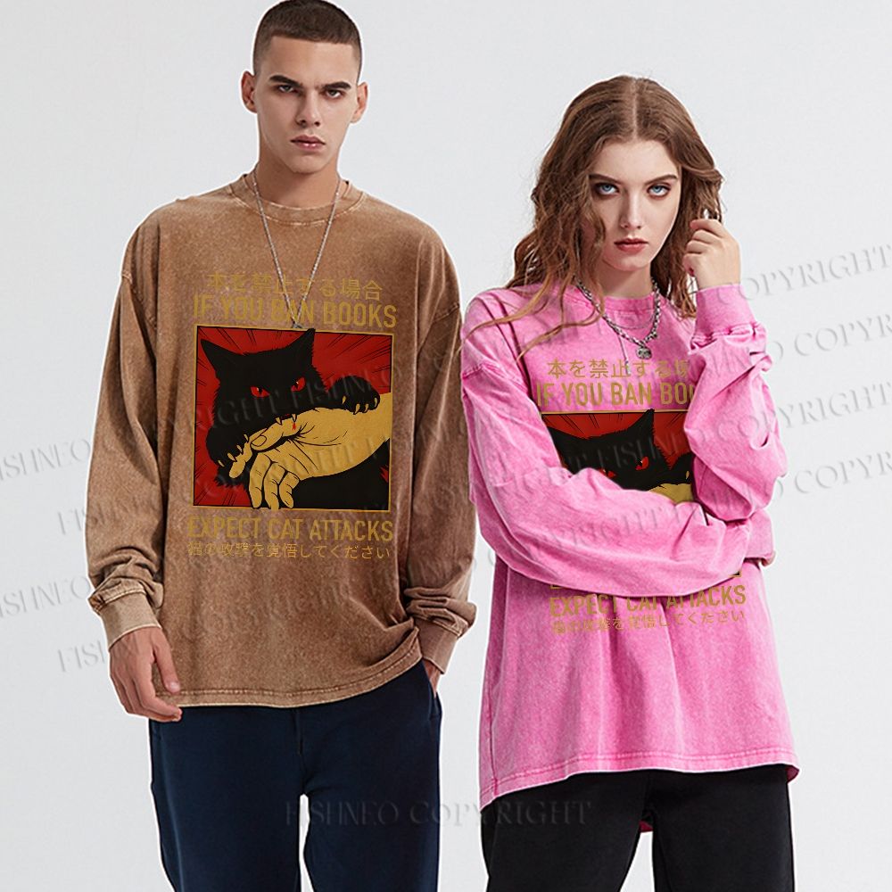 Unisex Casual Washed If You Ban Books Expect Cat Attacks Printed Long Sleeve T-shirt