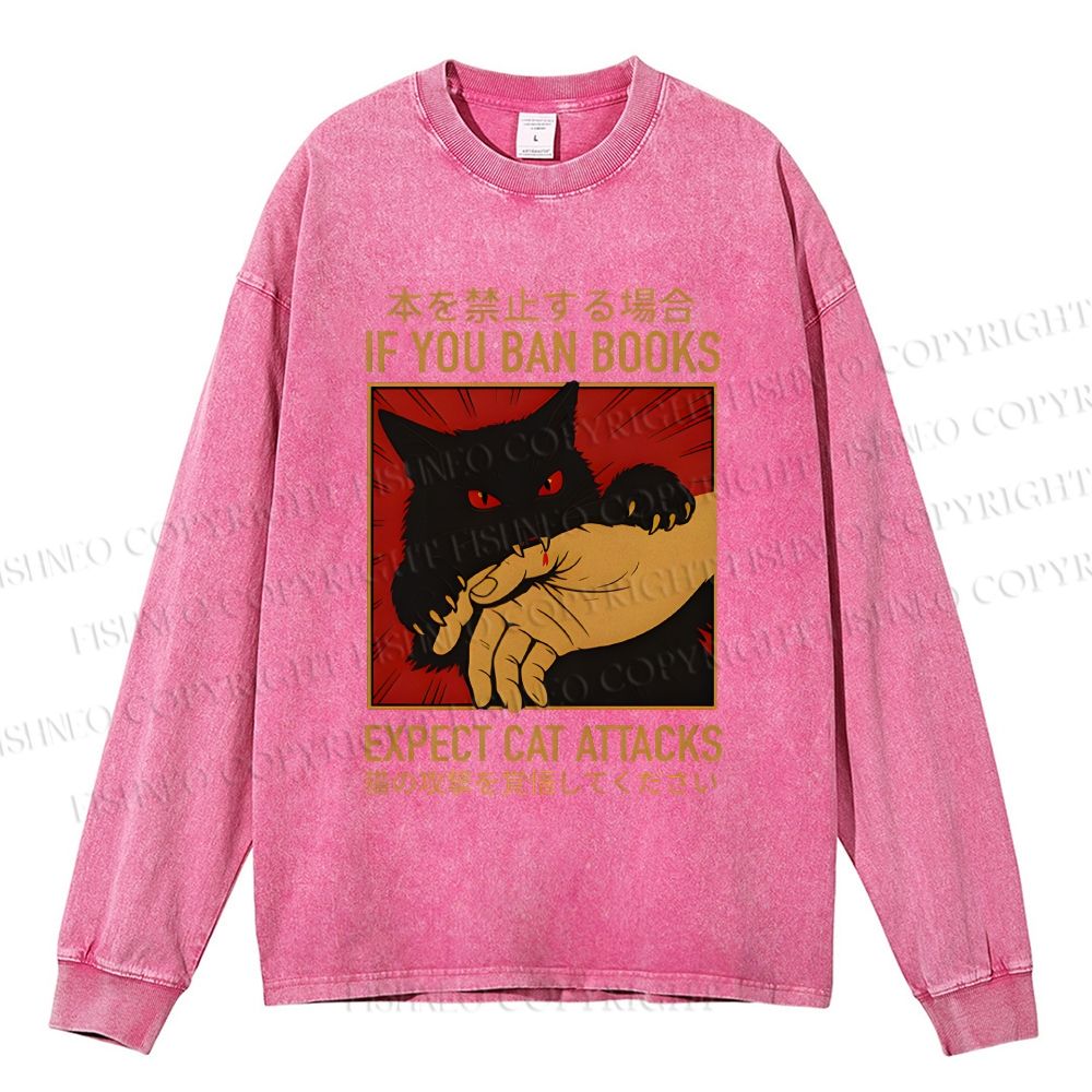 Unisex Casual Washed If You Ban Books Expect Cat Attacks Printed Long Sleeve T-shirt