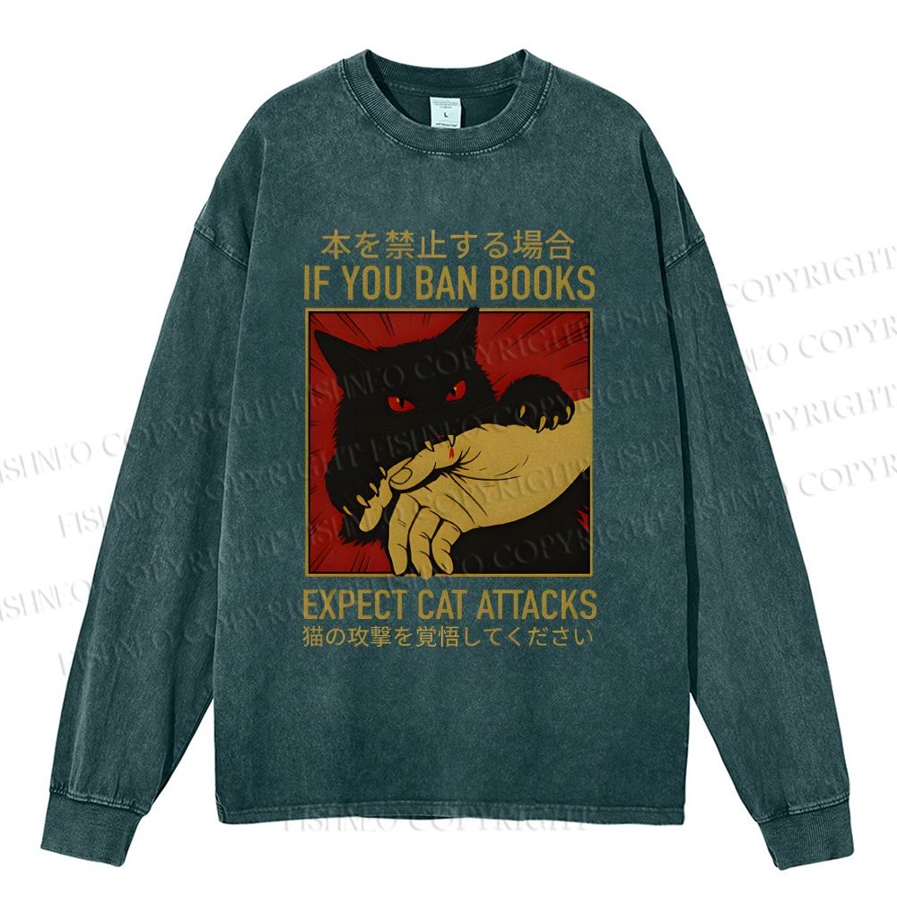 Unisex Casual Washed If You Ban Books Expect Cat Attacks Printed Long Sleeve T-shirt