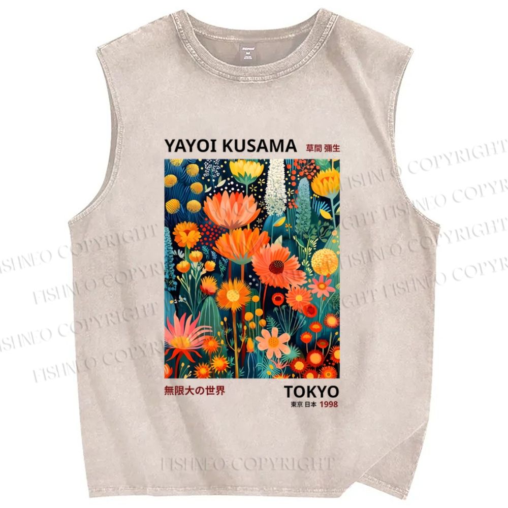 Unisex Yayoi Kusama Flowers Printed Washed Tank Top