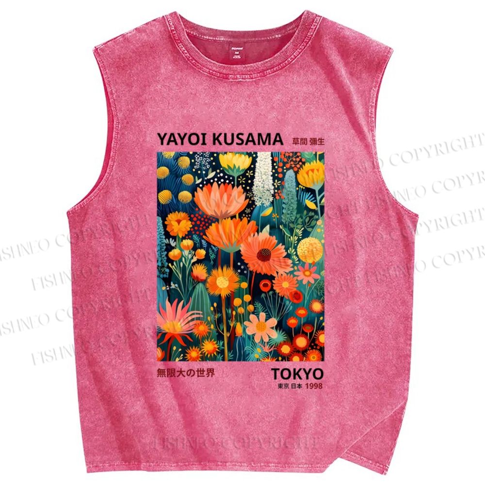 Unisex Yayoi Kusama Flowers Printed Washed Tank Top