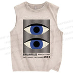 Unisex Geometric Eyes Printed Washed Tank Top