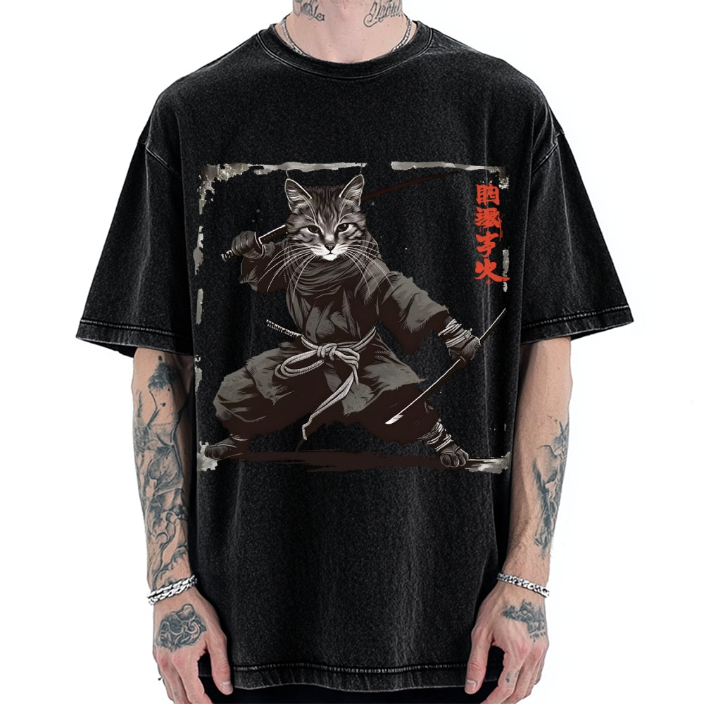Samurai Cat  Vintage Washed T-shirt