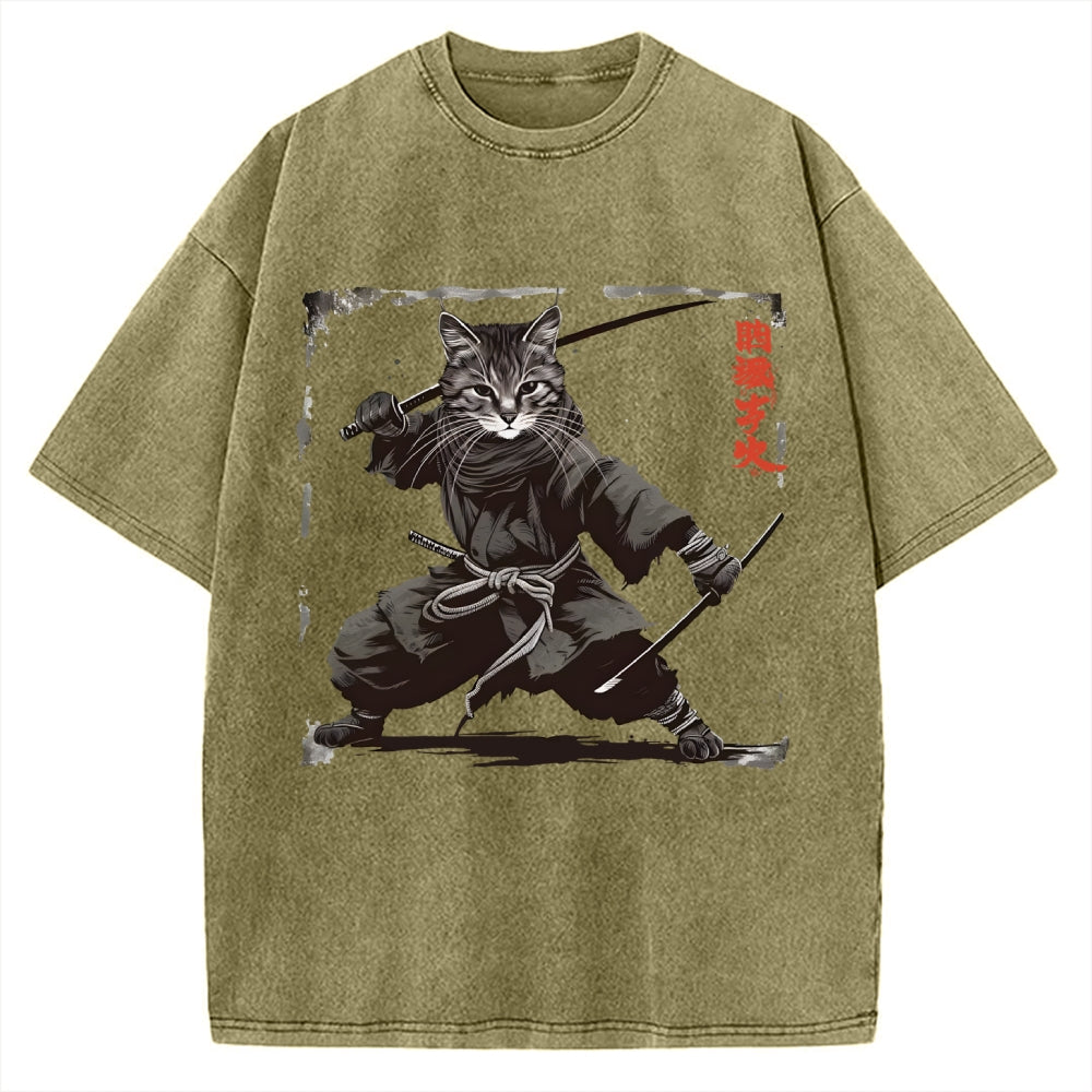 Samurai Cat  Vintage Washed T-shirt