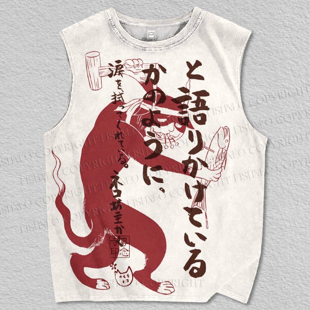 Unisex Vintage Japanese Cat Printed Tank Top