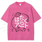 Unisex Vintage Japanese Funny Cat Printed Washed Tee